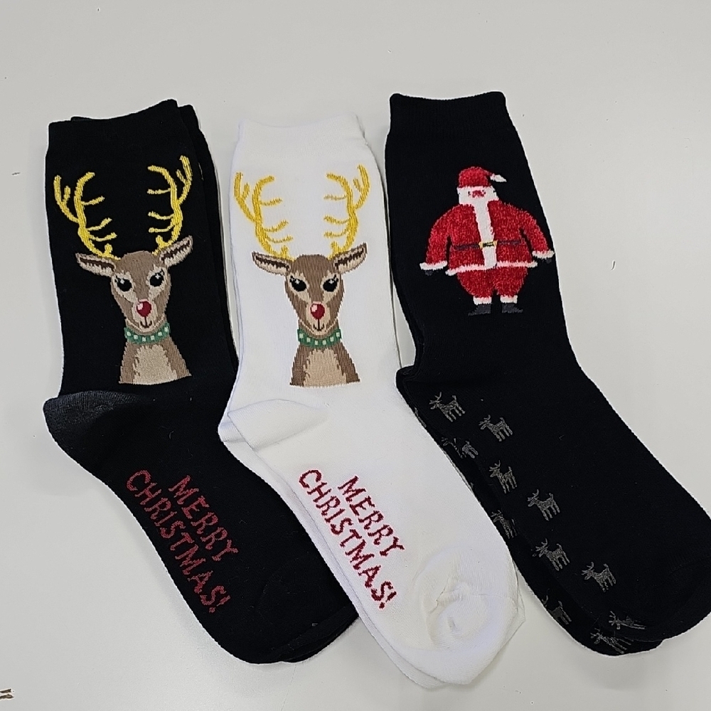 Vtg Hot Sox Christmas Socks 2 Reindeer 1 Santa *Read Description*